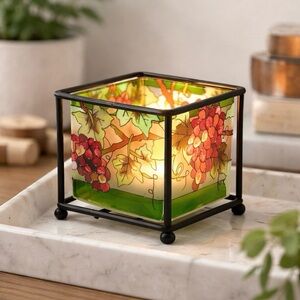 Joan Baker Designs Hand Painted Glass Grape Candle Holder Metal Stand Vintage
